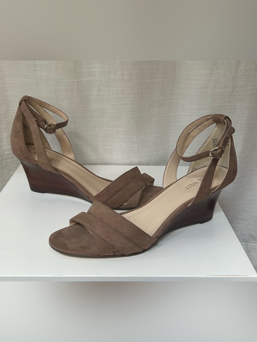 Nine‎ West Neutral Taupe Brown Suede Ankle-Strap Wedges Sandals